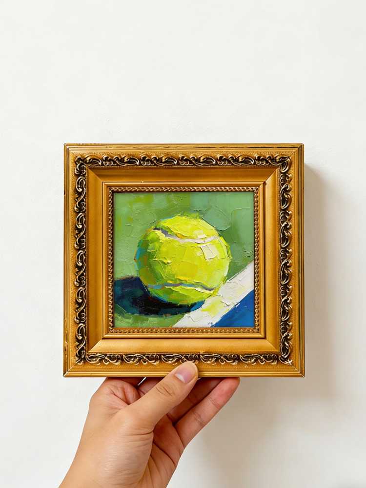 Original Hand-Painted Tennis Ball Oil Painting, Framed Sports Wall Art