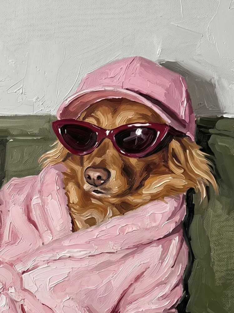 Oil Painting Dog Portrait Framed Wealthy Pup Pink Robe Sunglasses Retro Solid Wood Frame Mini Desk Wall Decor Animal Lover Gift
