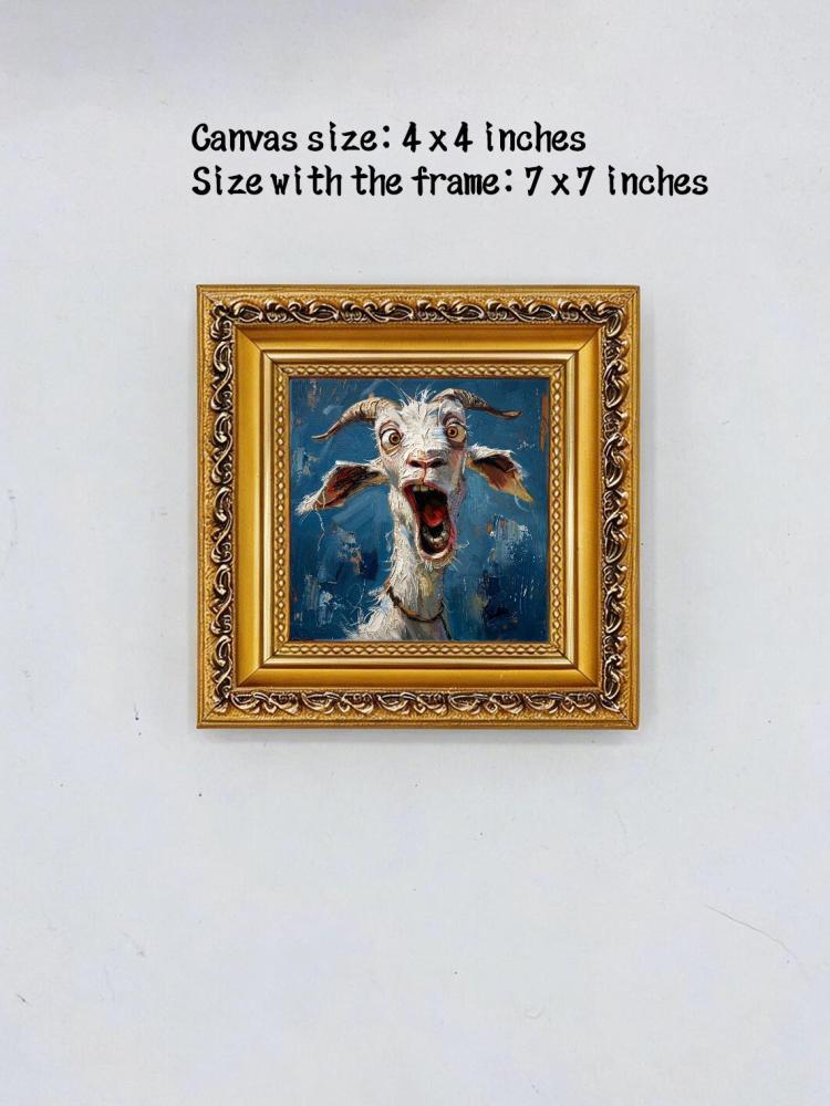 Oil Painting Goat Portrait Framed Shocked Surprised Goat Retro Solid Wood Frame Mini Desk Wall Decor Animal Lover Gift