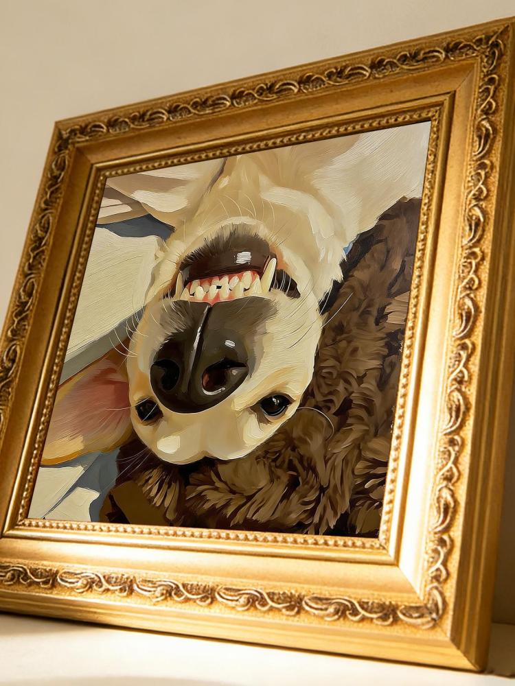Hand-painted Oil Painting, Playful Dog Art, Framed Wall Decor, Upside-Down Silly Puppy Selfie With Its Teeth Bared