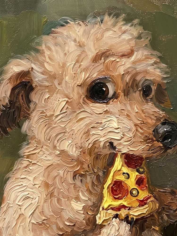 Oil Painting Dog Portrait Framed Pizza Eating Pup Retro Solid Wood Frame Mini Desk Wall Decor Animal Lover Gift