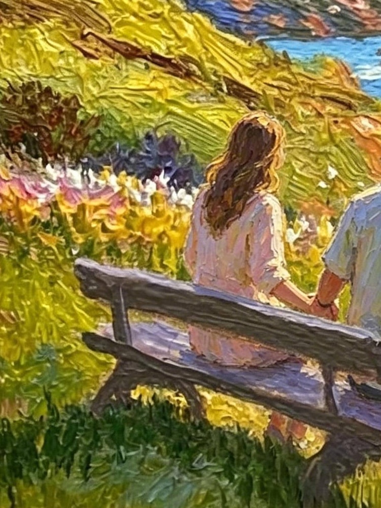 Couple on Bench Coastal Wildflower Cliff Ocean Impressionist Oil Painting Print Romantic Seascape Wall Art
