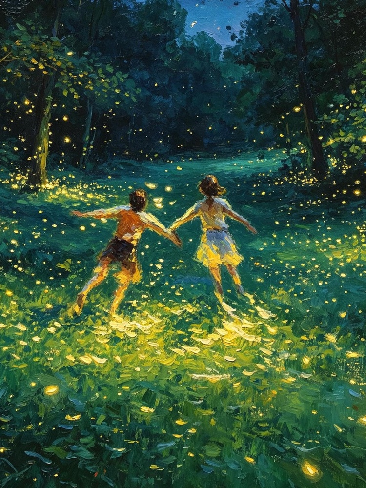 Couple Running Firefly Night Forest Impressionist Oil Painting Print, Magical Romantic Woodland Wall Art Decor