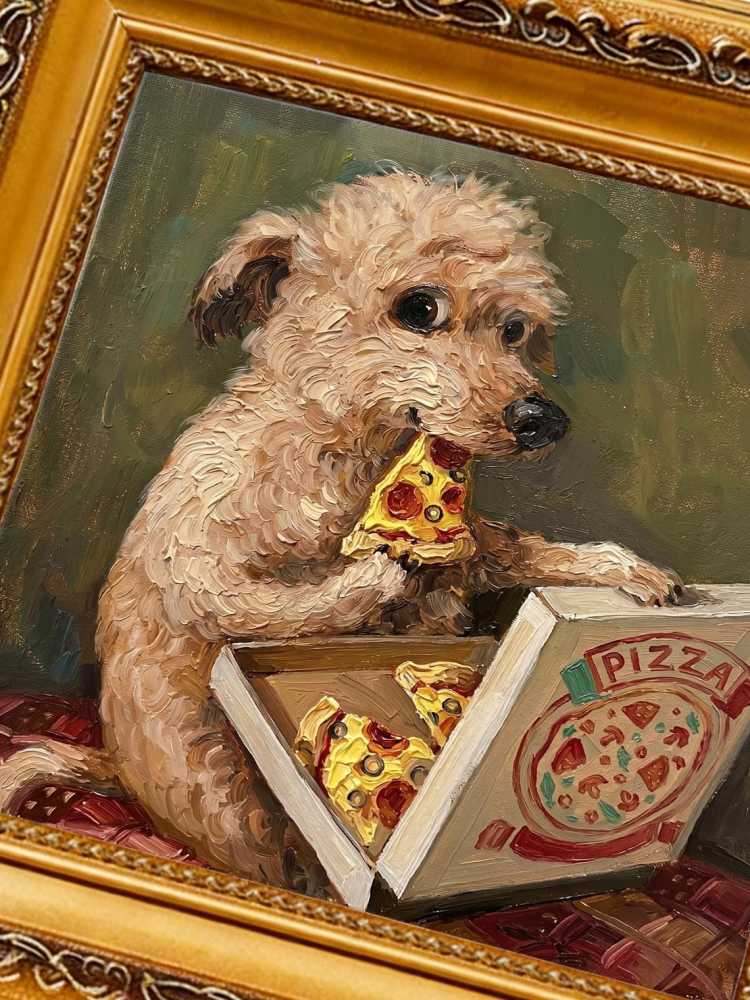Oil Painting Dog Portrait Framed Pizza Eating Pup Retro Solid Wood Frame Mini Desk Wall Decor Animal Lover Gift