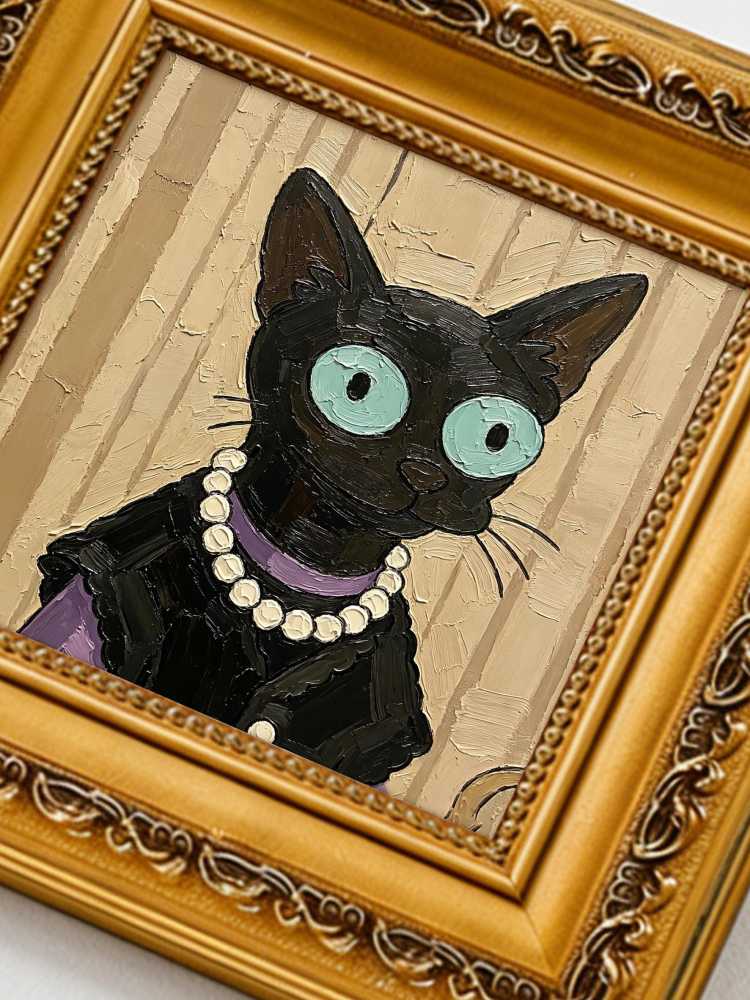 Oil Painting Black Cat Portrait Framed Elegant Lady Pearl Necklace Impasto Solid Wood Frame Mini Desk Wall Decor Gift