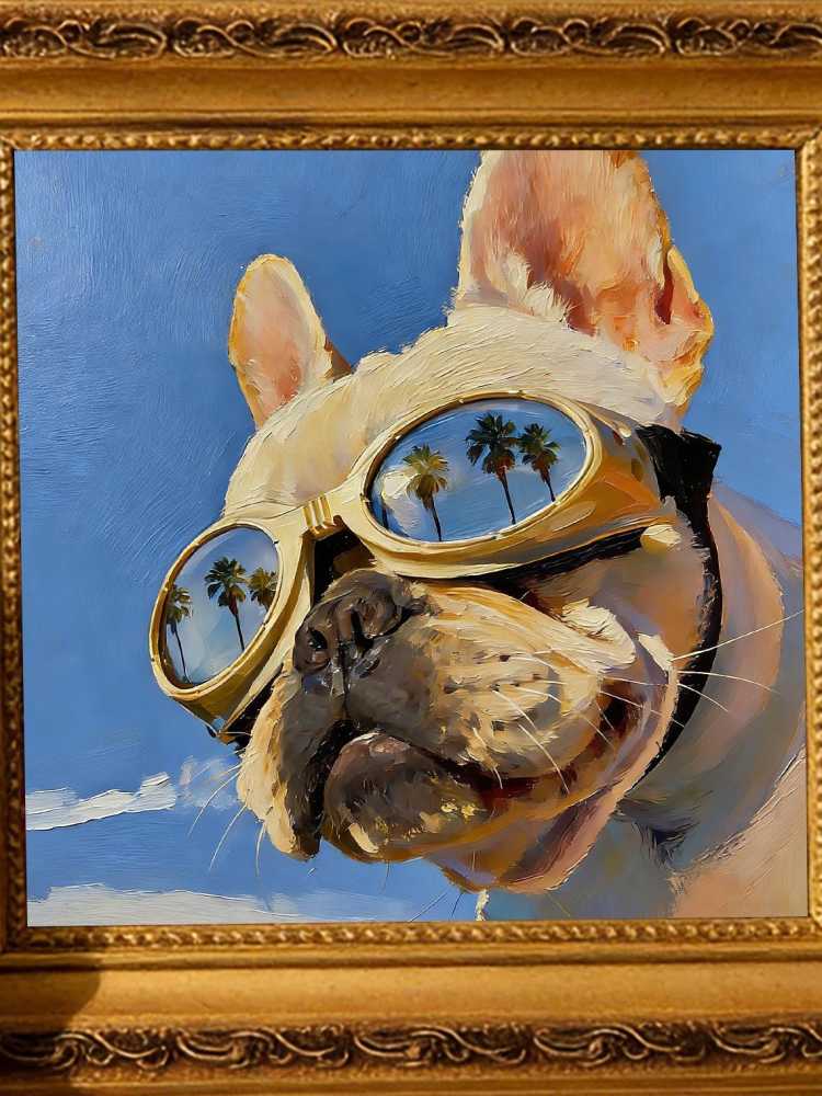Hand-painted Oil Painting, Original Impasto Art, Framed Wall Decor, Cool French Bulldog in Gold Sunglasses