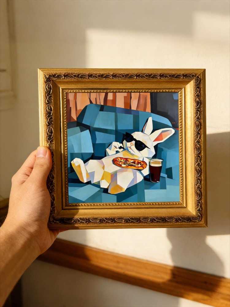 Hand-painted Oil Painting, Cubist Rabbit Art, Framed Wall Decor, Cool Bunny with Sunglasses &amp; Pizza
