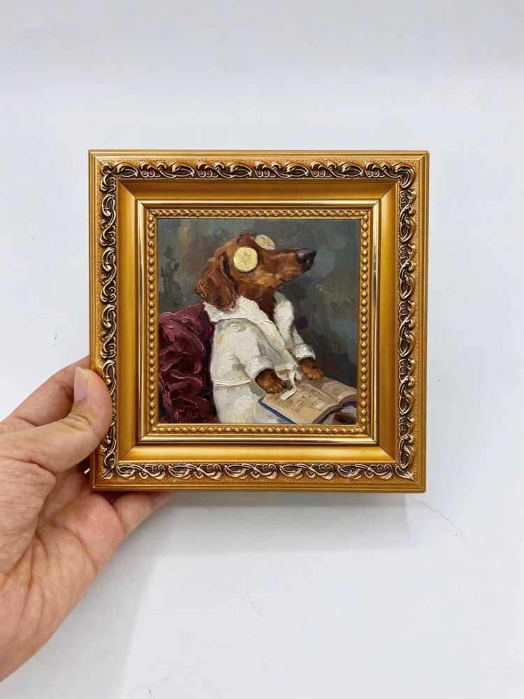 Oil Painting Dog Portrait Framed Spa Dachshund Cucumber Robe Reading Book Retro Solid Wood Frame Mini Desk Wall Decor Gift