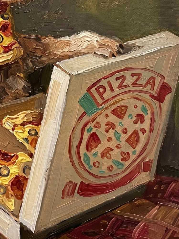 Oil Painting Dog Portrait Framed Pizza Eating Pup Retro Solid Wood Frame Mini Desk Wall Decor Animal Lover Gift