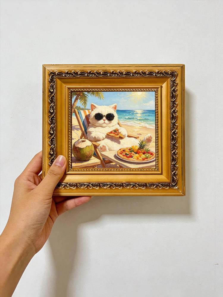 Chubby White Cat Sunglasses Beach Chair Pizza Coconut Tropical Ocean Oil Painting Funny Summer Wall Print