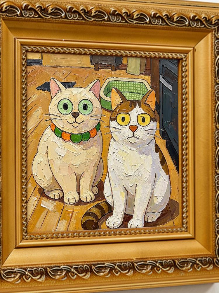 Oil Painting Cat Portrait Framed Two Funny Cats Big Eyes Impasto Solid Wood Frame Mini Desk Wall Decor Animal Lover Gift