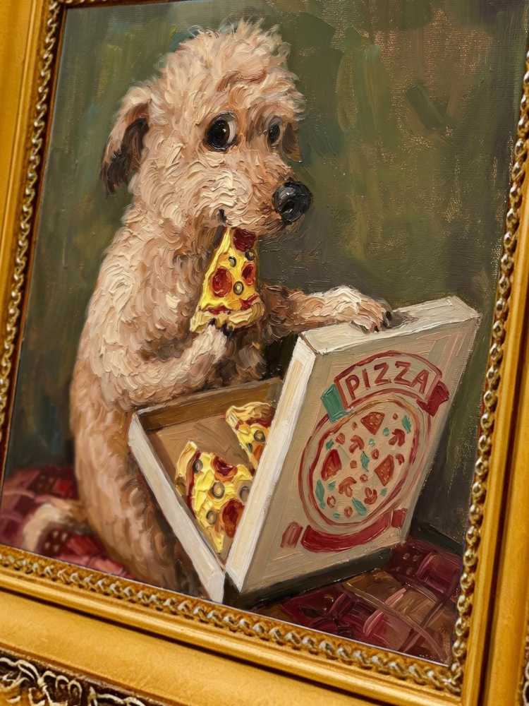 Oil Painting Dog Portrait Framed Pizza Eating Pup Retro Solid Wood Frame Mini Desk Wall Decor Animal Lover Gift