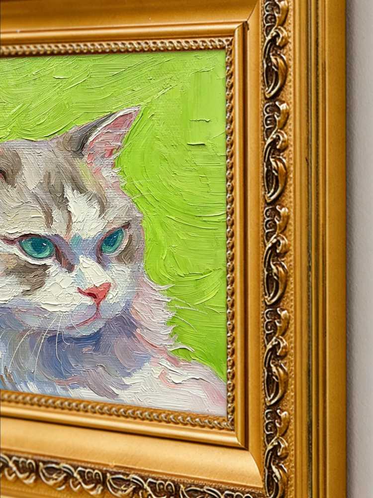 Impasto Cat Oil Painting Framed Blue-Eyed Tabby Cat Portrait Retro Solid Wood Gold Frame Mini Desk Wall Decor Animal Lover Gift