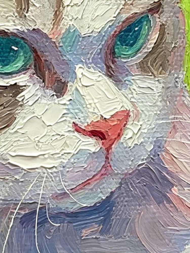 Impasto Cat Oil Painting Framed Blue-Eyed Tabby Cat Portrait Retro Solid Wood Gold Frame Mini Desk Wall Decor Animal Lover Gift