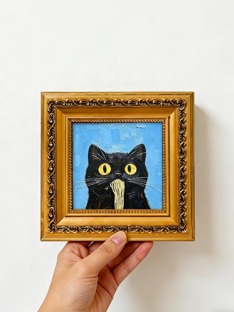 Oil Painting Black Cat Portrait Framed Spaghetti Noodle Cat Impasto Solid Wood Frame Mini Desk Wall Decor Animal Lover Gift