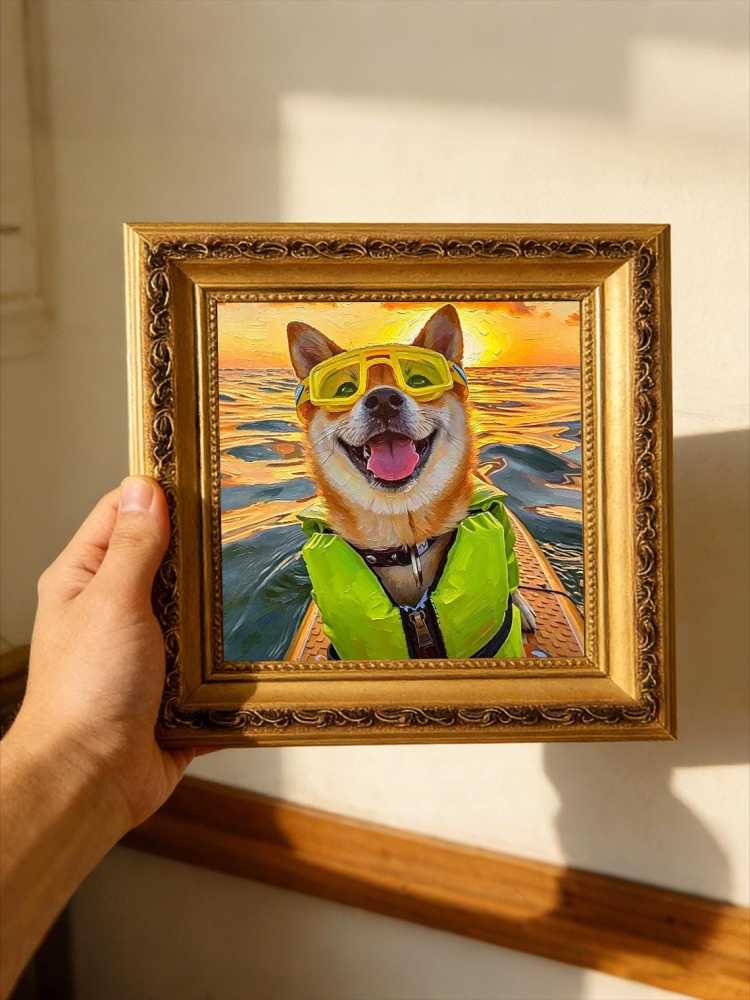 Happy Shiba Inu Dog Yellow Swim Goggles Life Jacket Sunset Ocean Oil Painting Summer Surf Wall Print