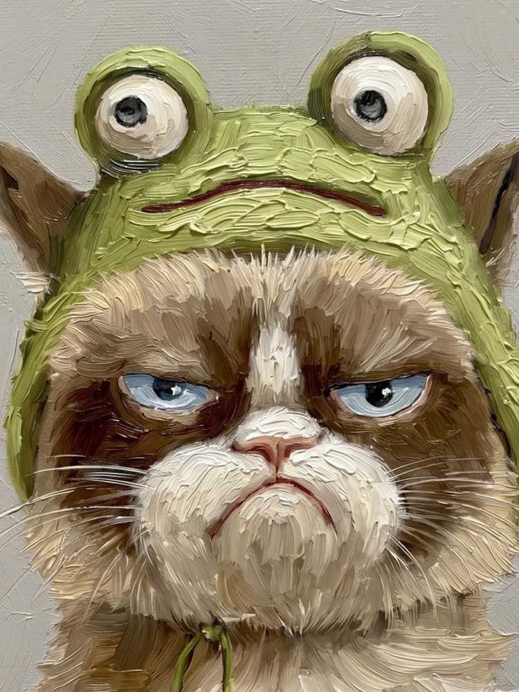 Oil Painting Cat Portrait Framed Grumpy Frog Hat Cat Retro Solid Wood Frame Mini Desk Wall Decor Animal Lover Gift