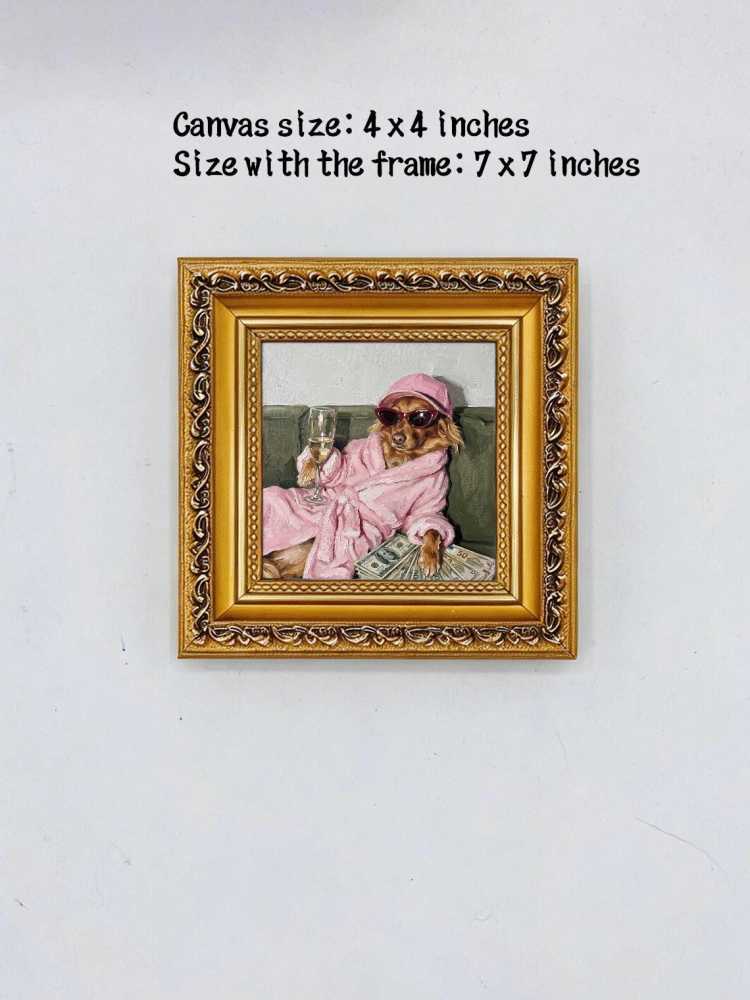 Oil Painting Dog Portrait Framed Wealthy Pup Pink Robe Sunglasses Retro Solid Wood Frame Mini Desk Wall Decor Animal Lover Gift