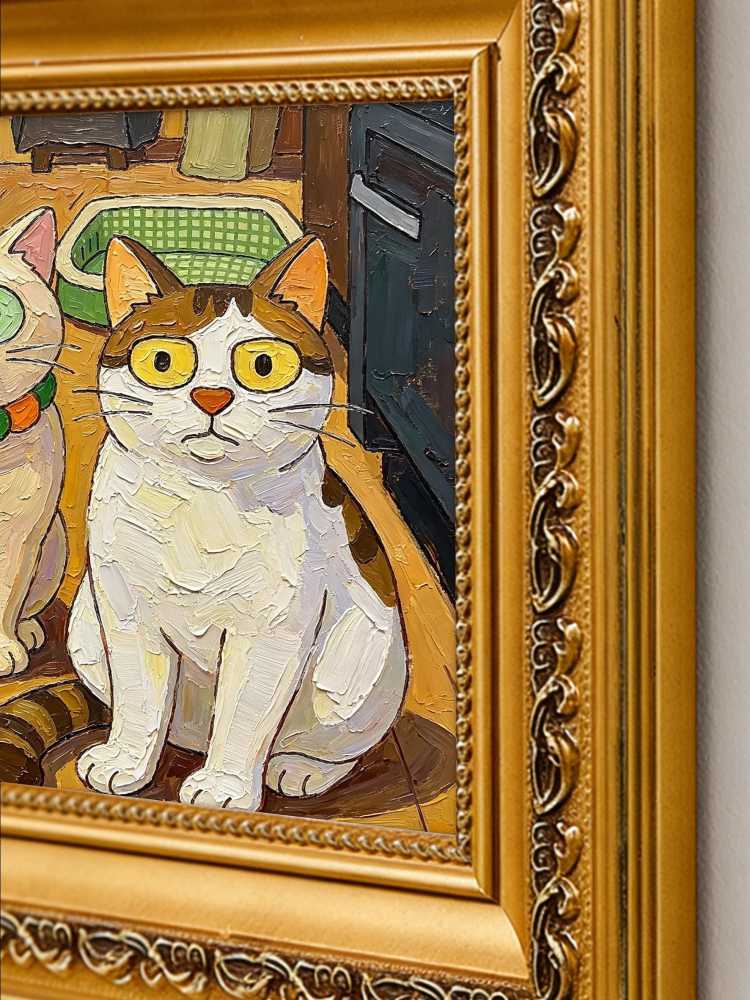 Oil Painting Cat Portrait Framed Two Funny Cats Big Eyes Impasto Solid Wood Frame Mini Desk Wall Decor Animal Lover Gift