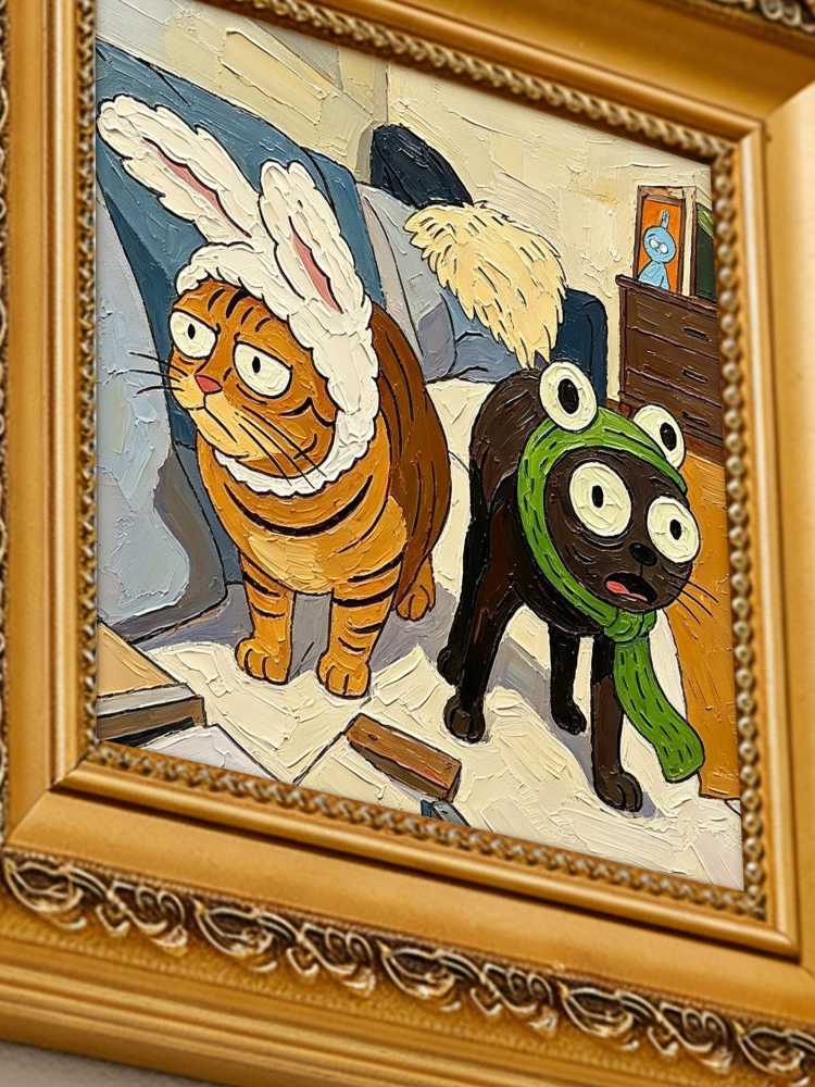 Oil Painting Cat Portrait Framed Funny Bunny &amp; Frog Hat Cats Impasto Solid Wood Frame Mini Desk Wall Decor Animal Lover Gift