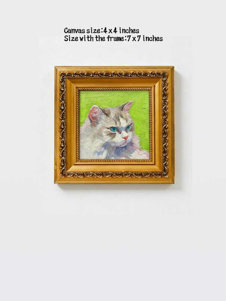 Impasto Cat Oil Painting Framed Blue-Eyed Tabby Cat Portrait Retro Solid Wood Gold Frame Mini Desk Wall Decor Animal Lover Gift