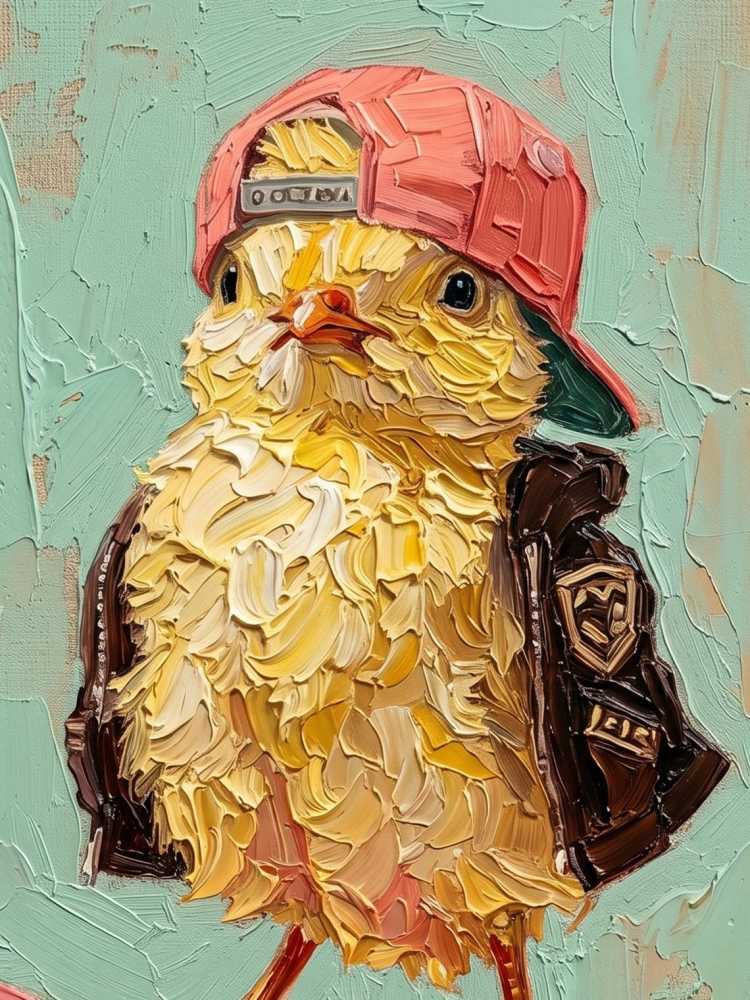 Oil Painting Chick Portrait Framed Skateboard Chick Retro Solid Wood Frame Mini Desk Wall Decor Animal Lover Gift