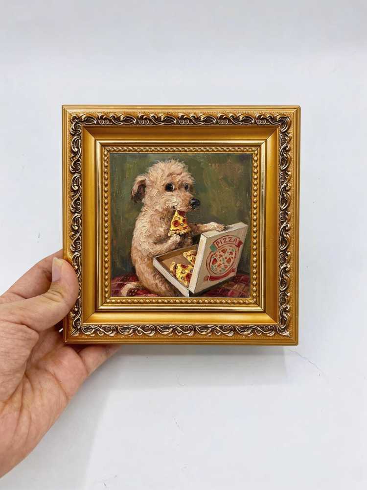 Oil Painting Dog Portrait Framed Pizza Eating Pup Retro Solid Wood Frame Mini Desk Wall Decor Animal Lover Gift
