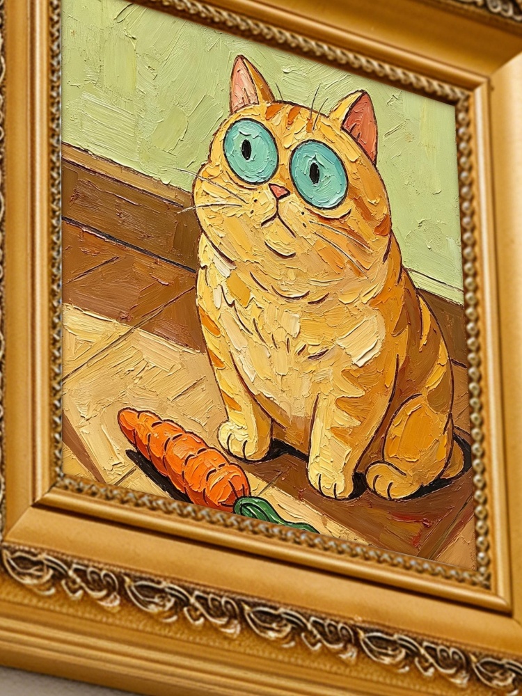 Oil Painting Orange Cat Portrait Framed Chunky Ginger Tabby with Carrot Impasto Solid Wood Frame Mini Desk Wall Decor Gift
