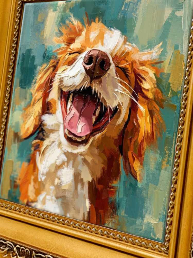 Oil Painting Dog Portrait Framed Laughing Happy Golden Retriever Impasto Solid Wood Frame Mini Desk Wall Decor Animal Lover Gift