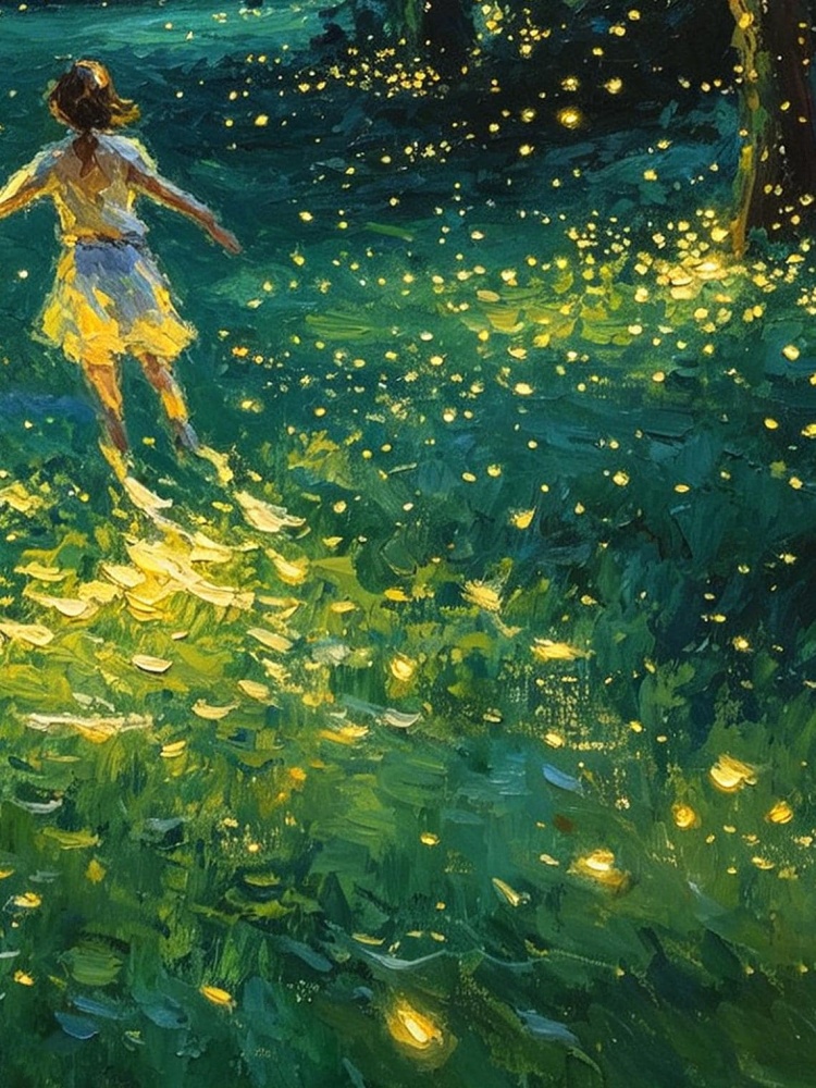 Couple Running Firefly Night Forest Impressionist Oil Painting Print, Magical Romantic Woodland Wall Art Decor
