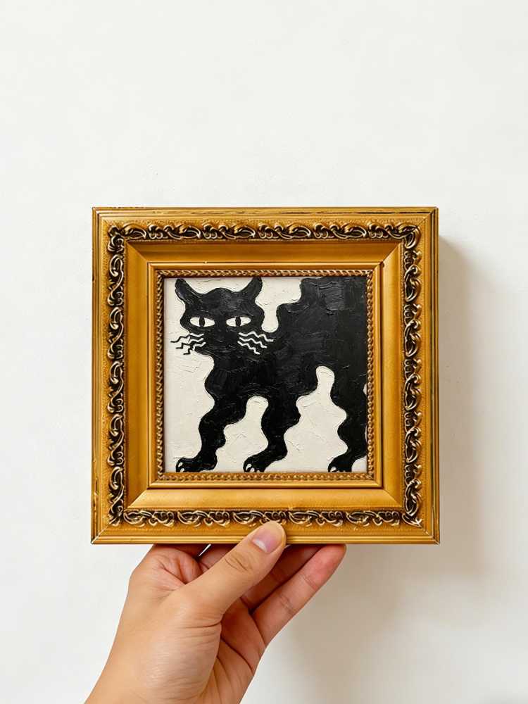 Impasto Black Cat Painting Framed Minimalist Wavy Whiskers Retro Solid Wood Gold Frame Mini Desk Wall Decor Gift