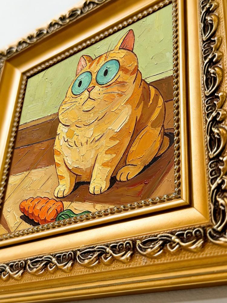 Oil Painting Orange Cat Portrait Framed Chunky Ginger Tabby with Carrot Impasto Solid Wood Frame Mini Desk Wall Decor Gift