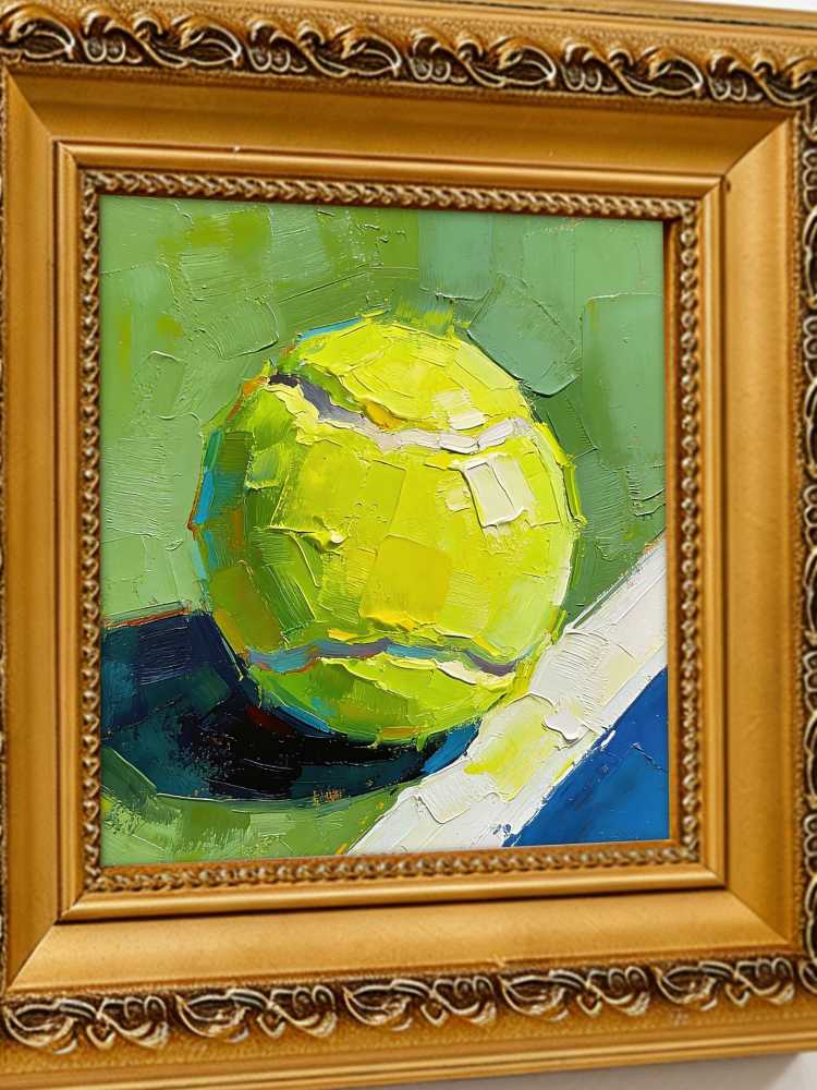Original Hand-Painted Tennis Ball Oil Painting, Framed Sports Wall Art