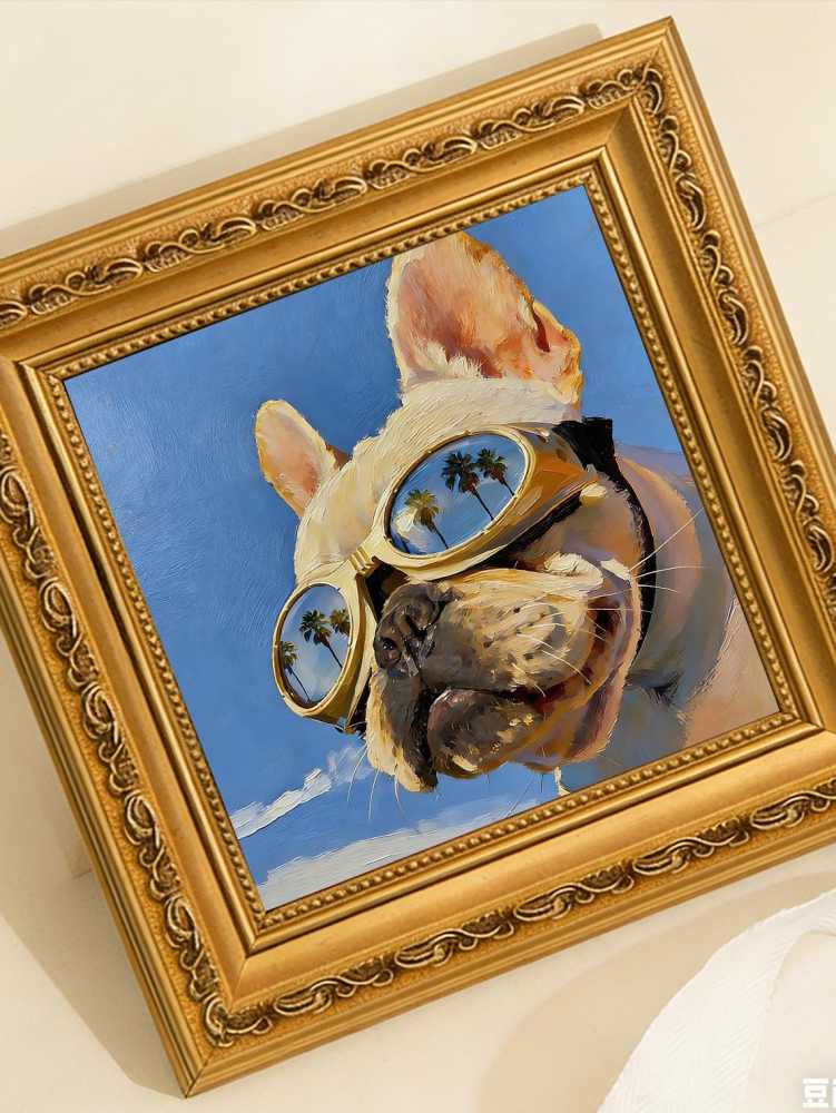 Hand-painted Oil Painting, Original Impasto Art, Framed Wall Decor, Cool French Bulldog in Gold Sunglasses