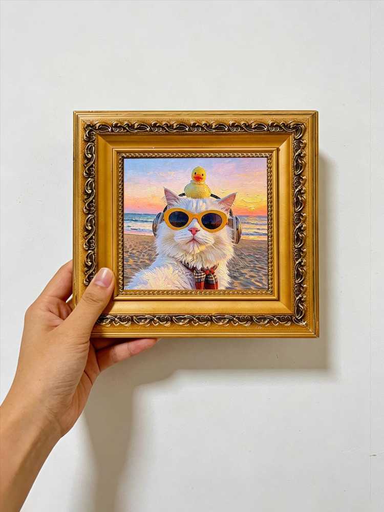 Cool White Fluffy Cat Yellow Sunglasses Headphones Rubber Duck Beach Sunset Oil Painting Funny Wall Print