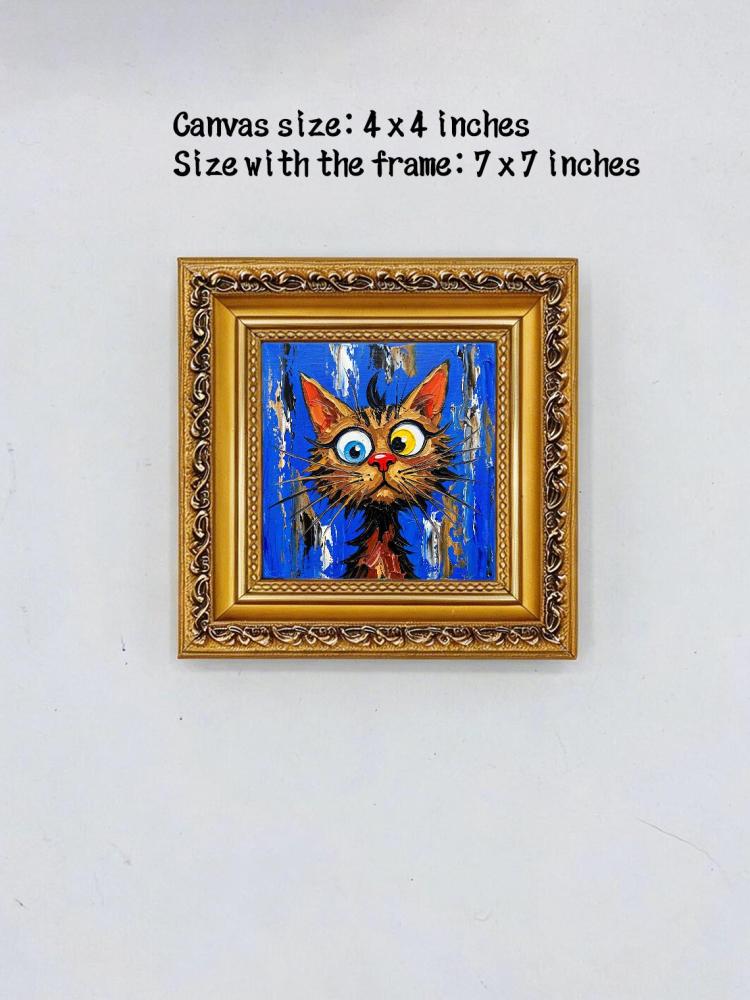 Oil Painting Cat Portrait Framed Big Eyes Heterochromia Retro Solid Wood Frame Mini Desk Wall Decor Animal Lover Gift
