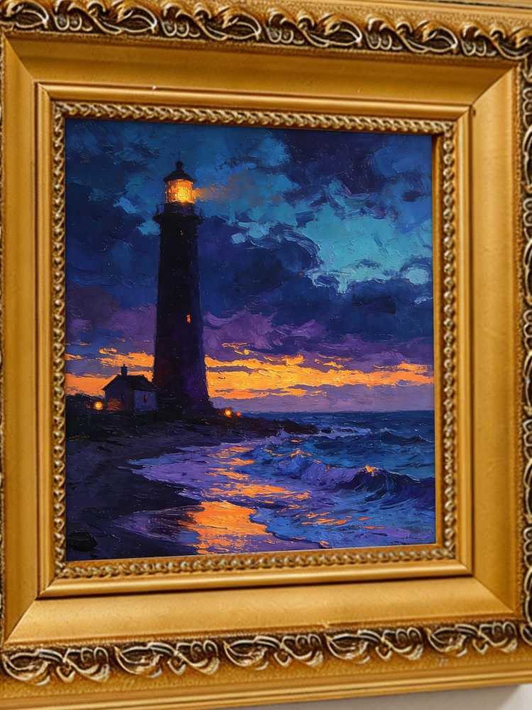 Original Hand-Painted Lighthouse Oil Painting, Framed Coastal Wall Art