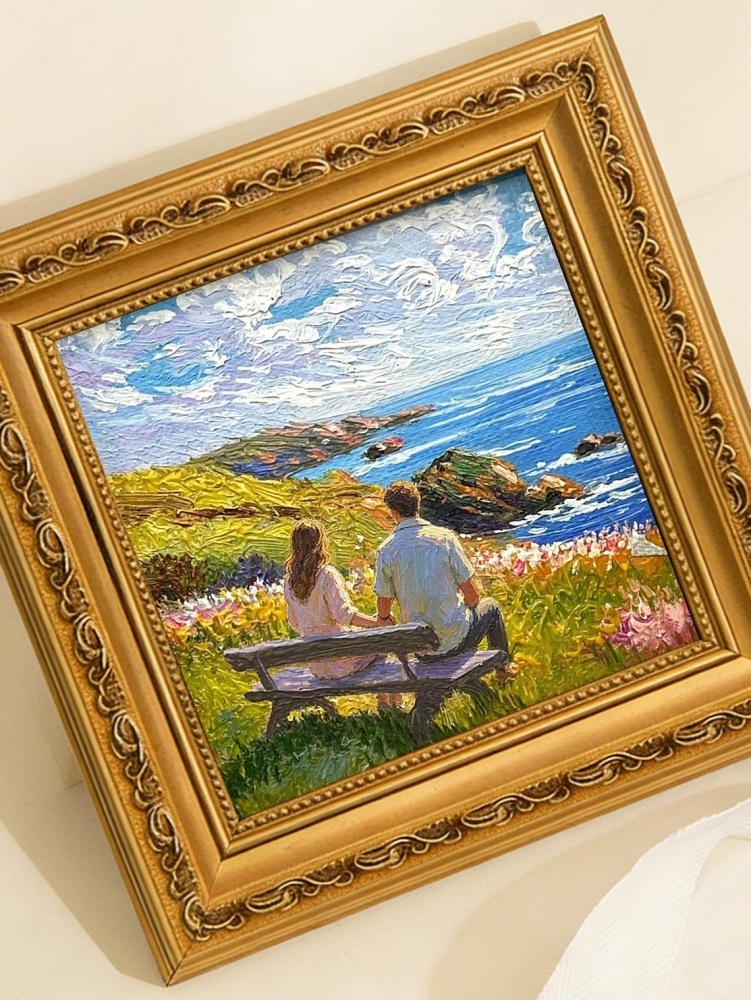 Couple on Bench Coastal Wildflower Cliff Ocean Impressionist Oil Painting Print Romantic Seascape Wall Art