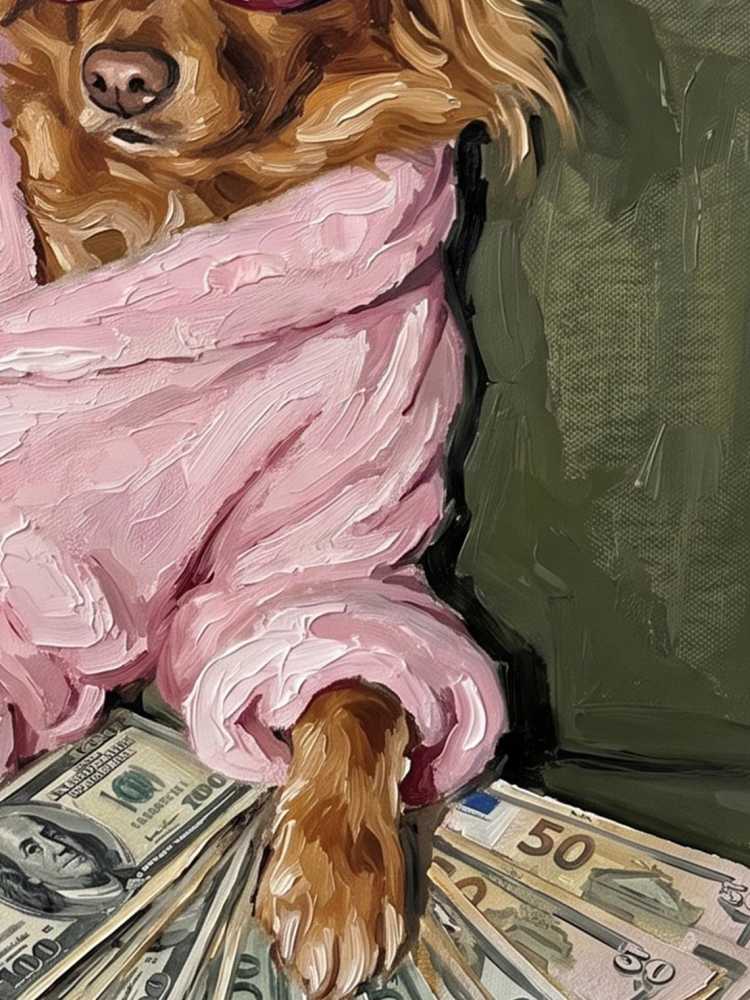 Oil Painting Dog Portrait Framed Wealthy Pup Pink Robe Sunglasses Retro Solid Wood Frame Mini Desk Wall Decor Animal Lover Gift
