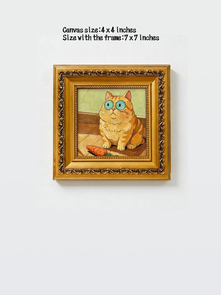 Oil Painting Orange Cat Portrait Framed Chunky Ginger Tabby with Carrot Impasto Solid Wood Frame Mini Desk Wall Decor Gift
