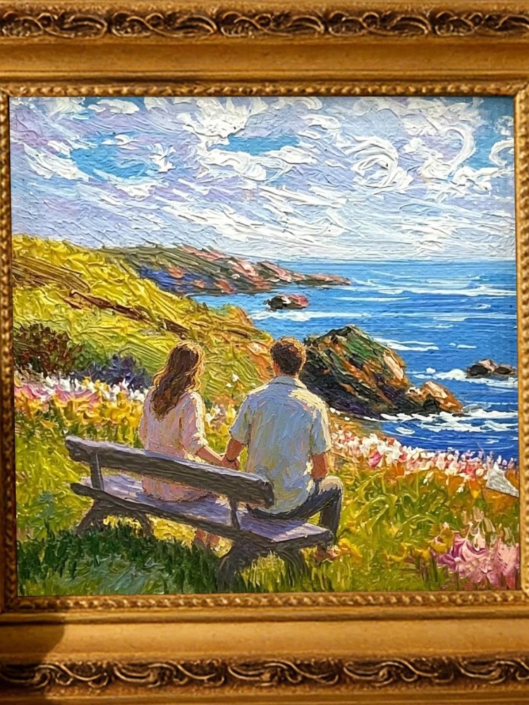 Couple on Bench Coastal Wildflower Cliff Ocean Impressionist Oil Painting Print Romantic Seascape Wall Art