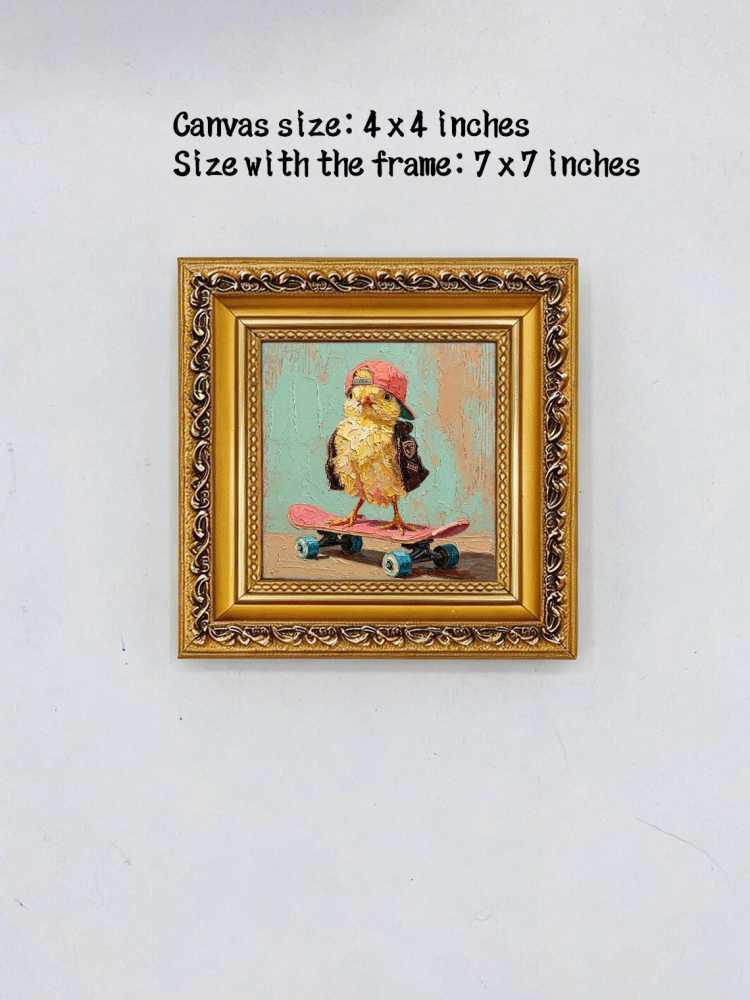 Oil Painting Chick Portrait Framed Skateboard Chick Retro Solid Wood Frame Mini Desk Wall Decor Animal Lover Gift