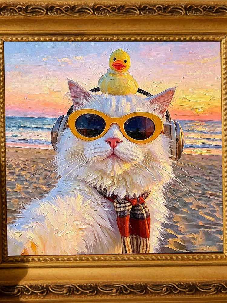 Cool White Fluffy Cat Yellow Sunglasses Headphones Rubber Duck Beach Sunset Oil Painting Funny Wall Print