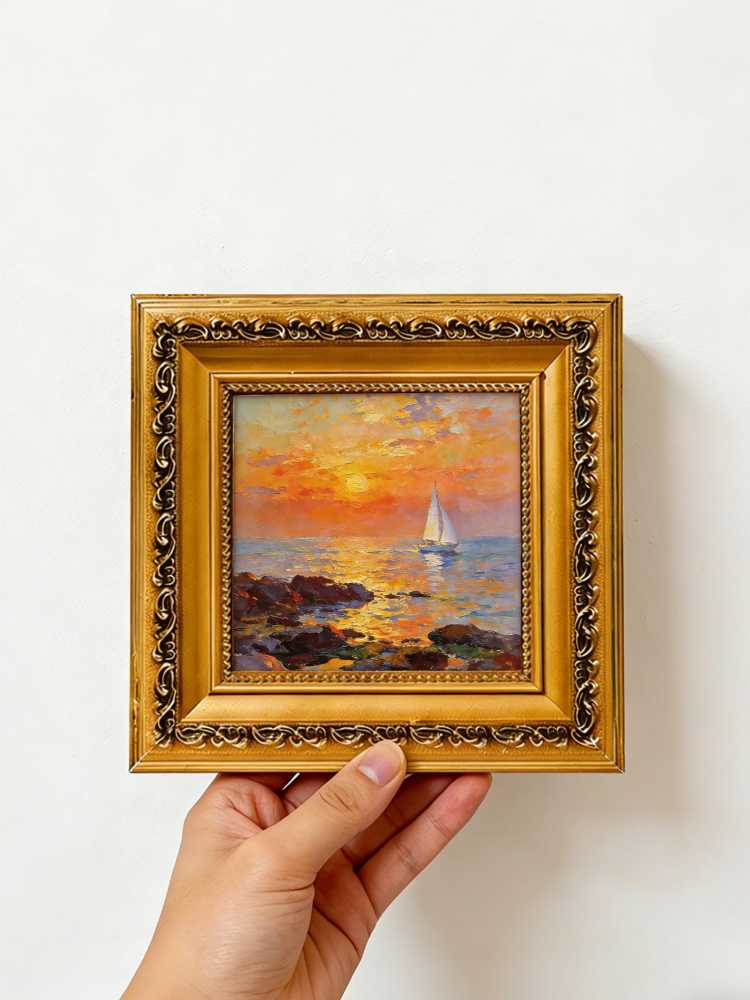 Original Hand-Painted Sailboat Sunset Oil Painting, Framed Coastal Wall Art