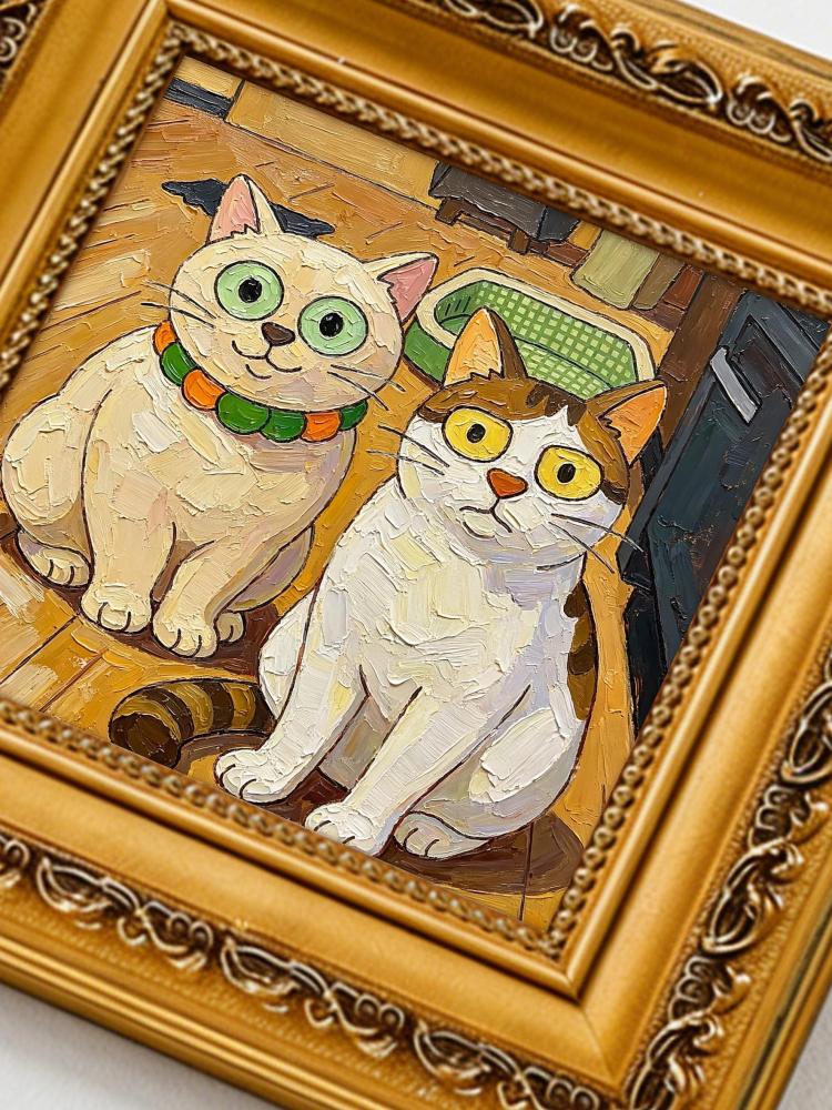 Oil Painting Cat Portrait Framed Two Funny Cats Big Eyes Impasto Solid Wood Frame Mini Desk Wall Decor Animal Lover Gift