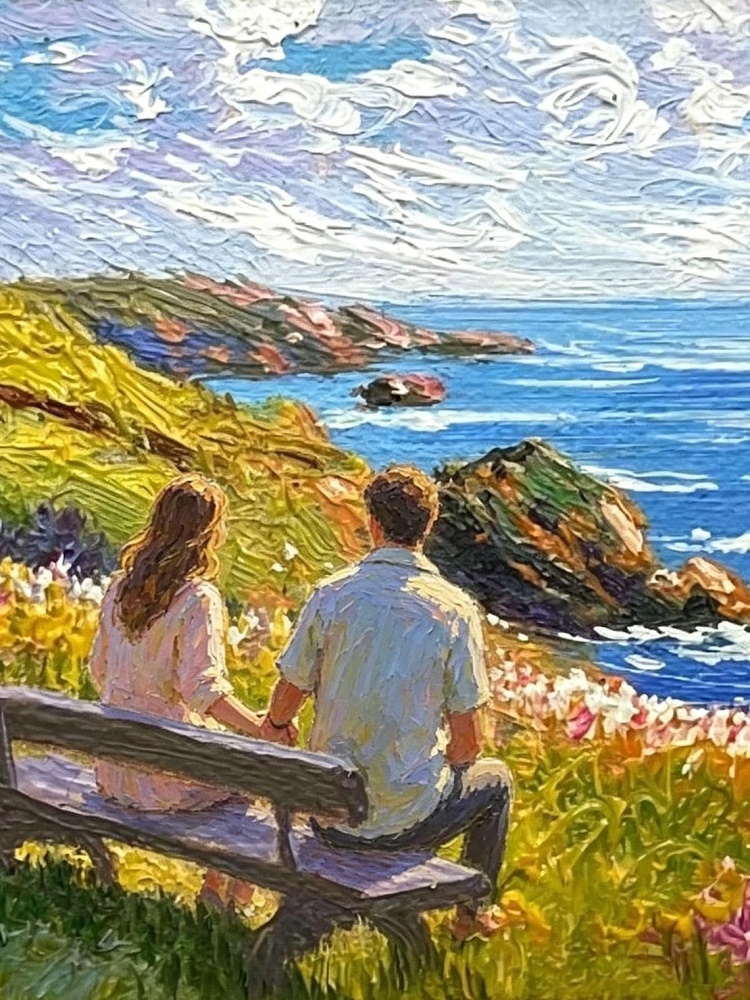 Couple on Bench Coastal Wildflower Cliff Ocean Impressionist Oil Painting Print Romantic Seascape Wall Art