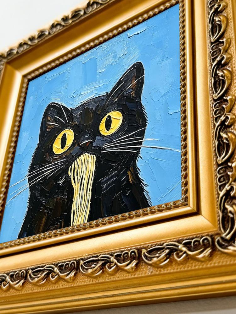 Oil Painting Black Cat Portrait Framed Spaghetti Noodle Cat Impasto Solid Wood Frame Mini Desk Wall Decor Animal Lover Gift