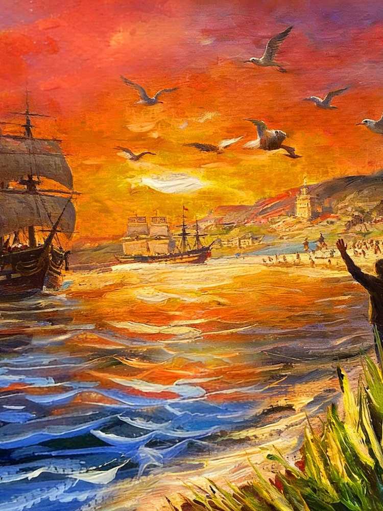 Original Hand Painted Sailing Boat Sunset Oil Painting, Gold Framed  Art, Nautical Wall Decor, Friend Gift