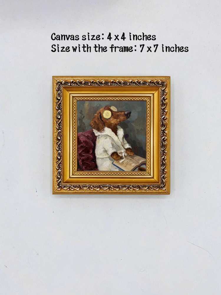 Oil Painting Dog Portrait Framed Spa Dachshund Cucumber Robe Reading Book Retro Solid Wood Frame Mini Desk Wall Decor Gift