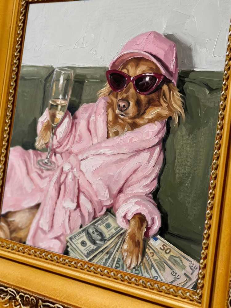 Oil Painting Dog Portrait Framed Wealthy Pup Pink Robe Sunglasses Retro Solid Wood Frame Mini Desk Wall Decor Animal Lover Gift